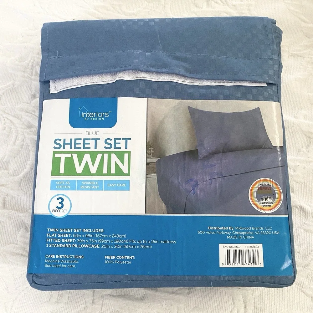 New Interiors by Design Twin Sheet Set Blue Soft As Cotton Wrinkle Resistant NOS